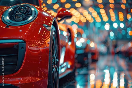 Cars are on display in a lavish showroom that has lighting. Generative Ai © Planum