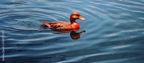A red duck peacefully swims...