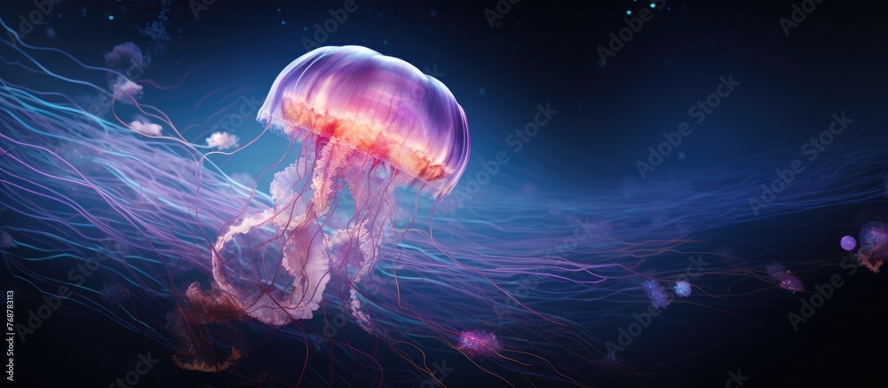 Graceful jellyfish drift in the depths of dark water, their translucent bodies glowing in the shadows of the ocean abyss