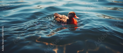 A vibrant red-headed duck g...