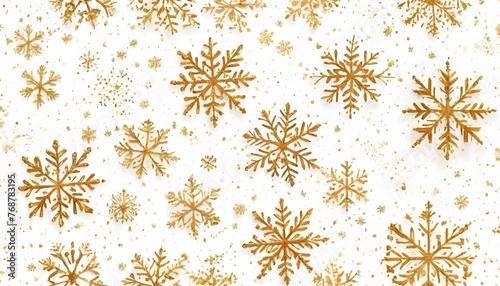 Golden snowflakes background. Luxury  Christmas seamless pattern with small gold snowflakes on a white backdrop