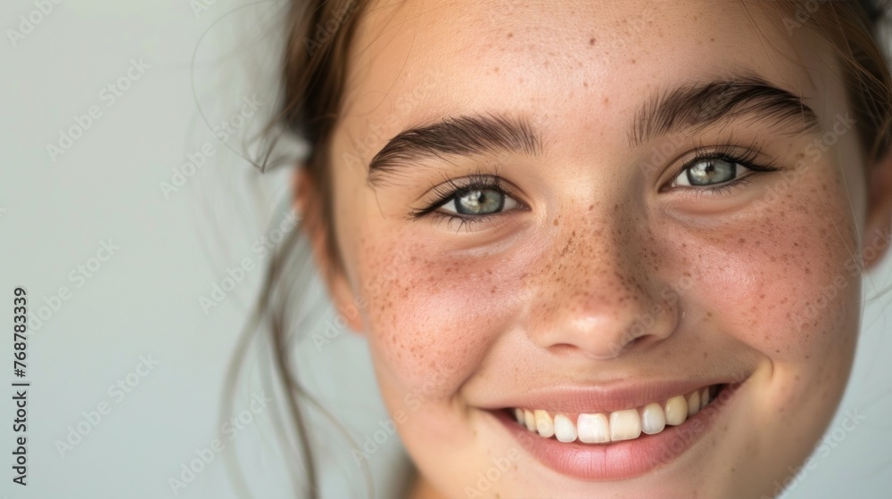 A close-up of a young girl with freckles smiling with her eyes closed showcasing her bright blue eyes and a radiant complexion. A close-up of a young girl with freckles smiling with her eyes closed showcasing her bright blue eyes and a radiant complexion.