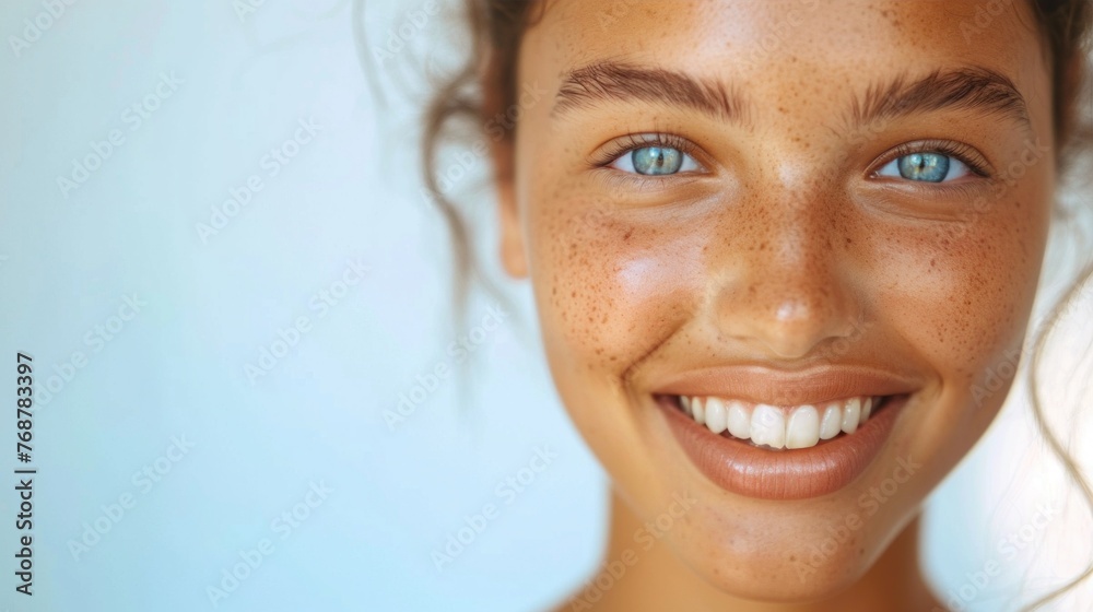 Beautiful young woman with striking blue eyes freckles and a radiant smile. Beautiful young woman with striking blue eyes freckles and a radiant smile.