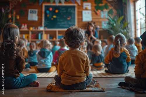 Sitting is a group of small nursery school children. Generative Ai photo