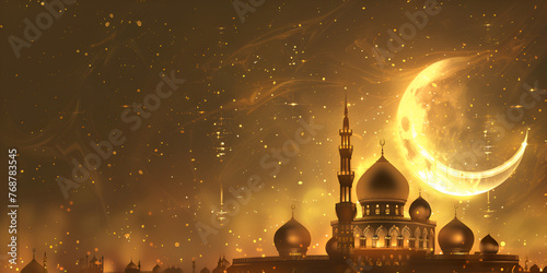 Beautiful Golden Moon And Mosque Ramadan Kareem Design Background 