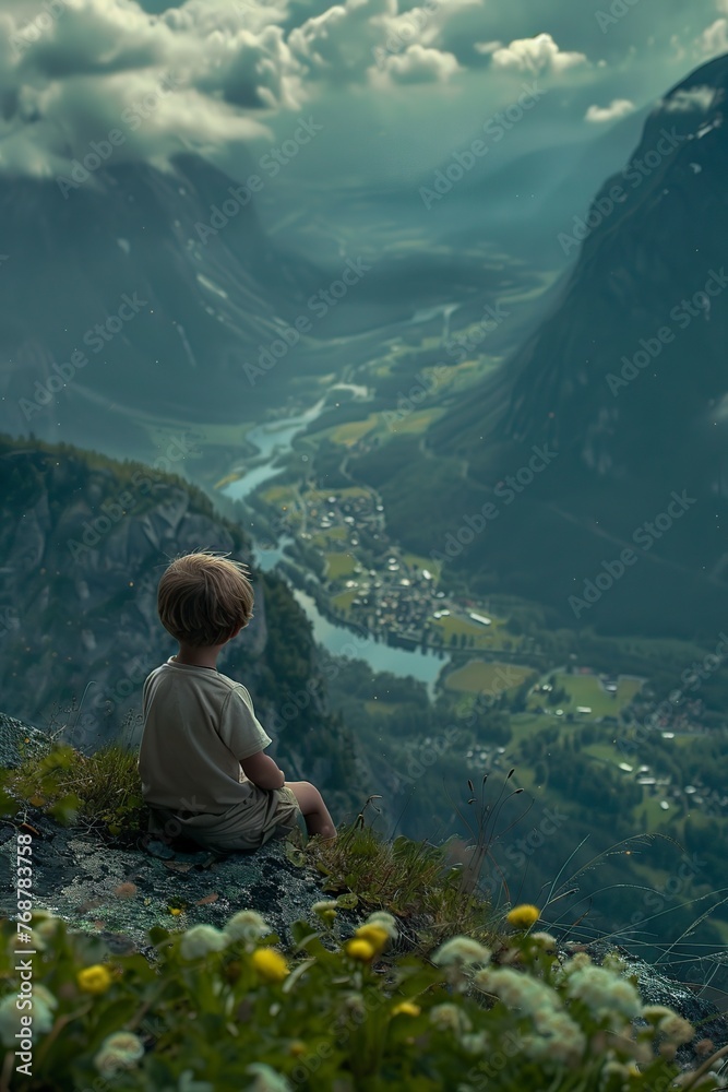 Naklejka premium Young Boy Sitting on Top of Mountain Overlooking Valley