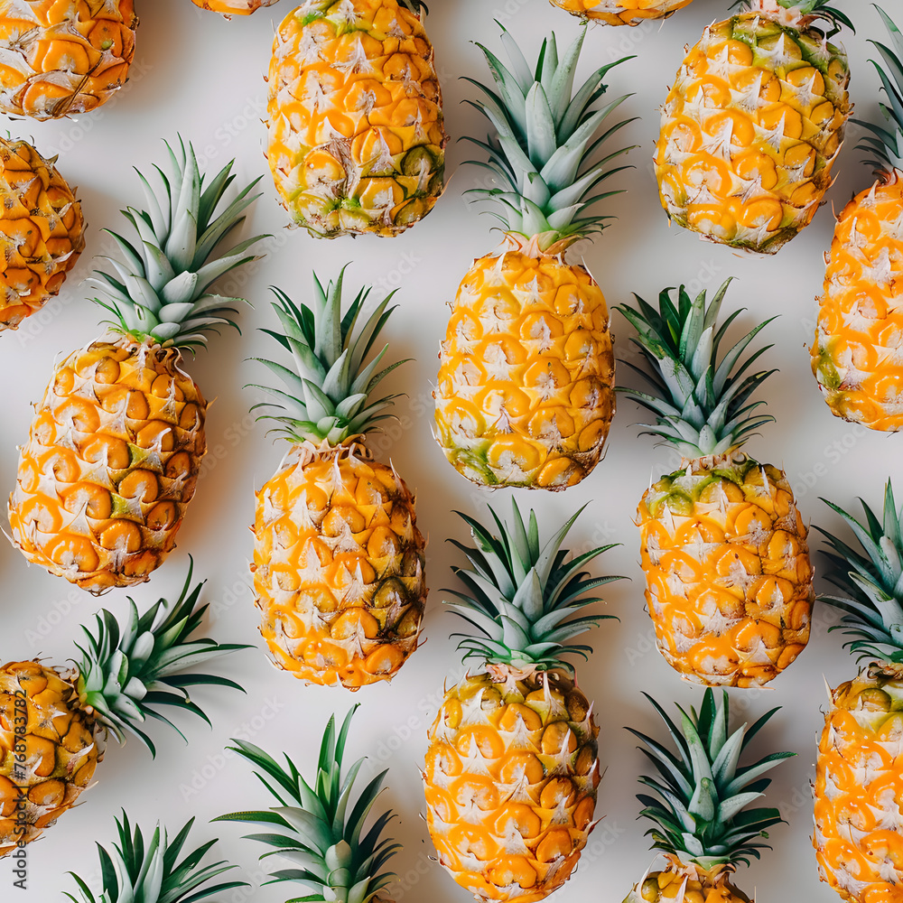 Ananas arranged in a pattern on a white surface, creating a beautiful display of fresh tropical fruit. Pineapples are a green, natural food product commonly used as an ingredient in various dishes Ananas arranged in a pattern on a white surface, creating a beautiful display of fresh tropical fruit. Pineapples are a green, natural food product commonly used as an ingredient in various dishes