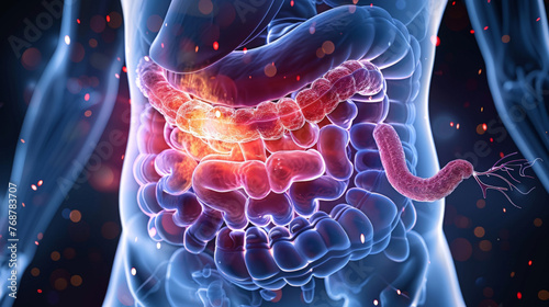 3d rendered illustration of a human body , Human stomach pain. digestive problems.  #768783707