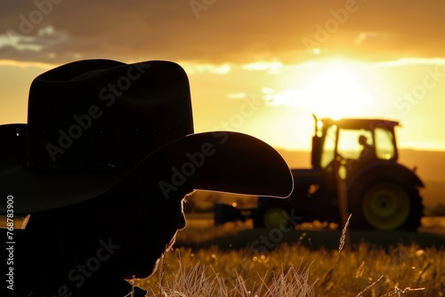 silhouetted cowboy hat against sunset, tractor in the field
