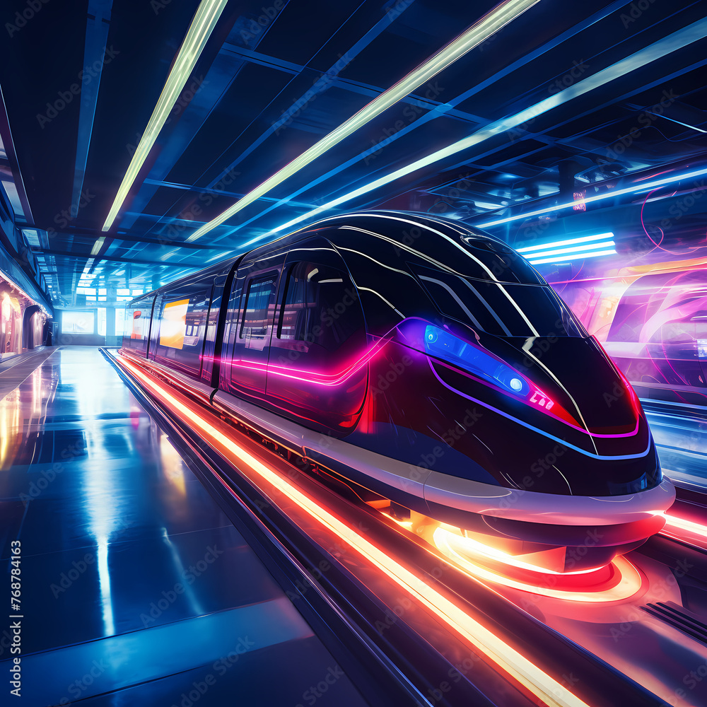 Futuristic train speeding through a neon-lit tunnel