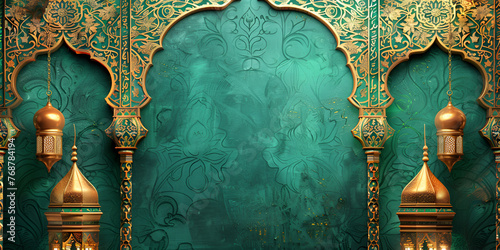 Ramadan Stylish Islamic Background Green And Gold Luxury Color With Mosque 