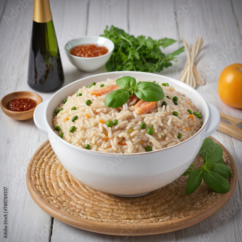 bowl of risotto isolated on a transparent background, colorful background