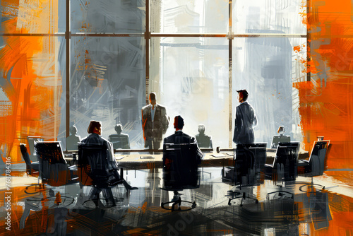 Corporate Executives in Conference Room: Elegant Business Professionals in Light Bronze and Gray Setting photo