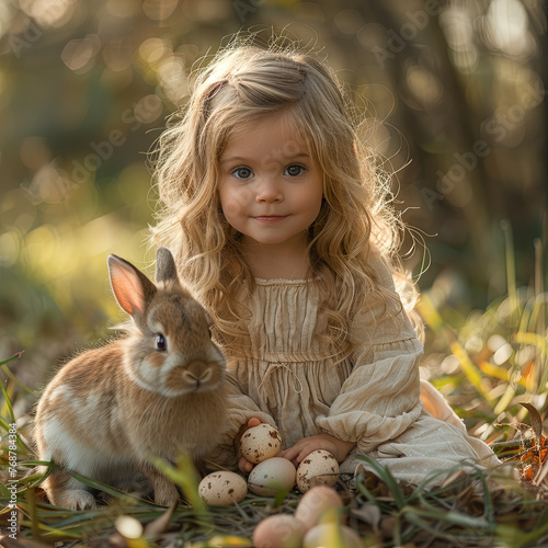 An Easter holiday photoshoot of a little girl collecting eggs