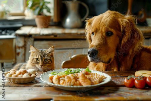 Harmony in the Kitchen  Dog and Cat Enjoying a Meal Together