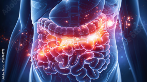 3d rendered illustration of a human body , Human stomach pain. digestive problems.  photo