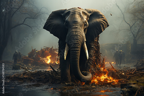 Majestic Elephant Stands Amidst Misty Forest Inferno - A Striking Banner Image