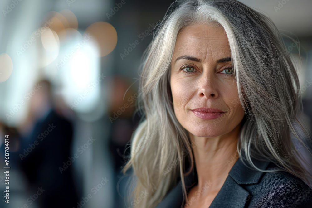Graceful Grey: Captivating Middle-Aged Businesswoman Stands Out Amongst Business Crowd Graceful Grey: Captivating Middle-Aged Businesswoman Stands Out Amongst Business Crowd