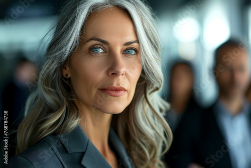 Stunning mature businesswoman with silver hair stands out among colleagues in corporate setting