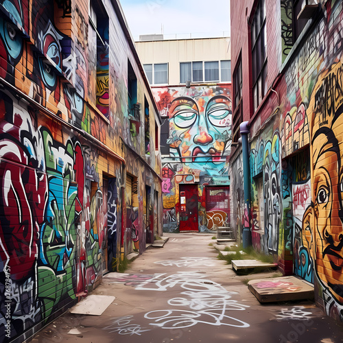 Graffiti-covered walls in an urban alleyway. © Cao