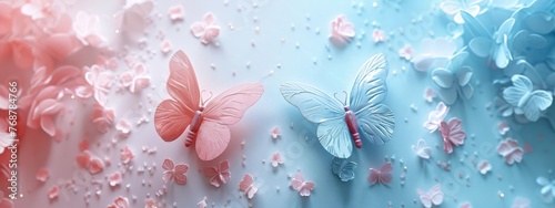 split background in pastel shades of rose pink and baby blue, adorned with ethereal butterfly-shaped light accents.