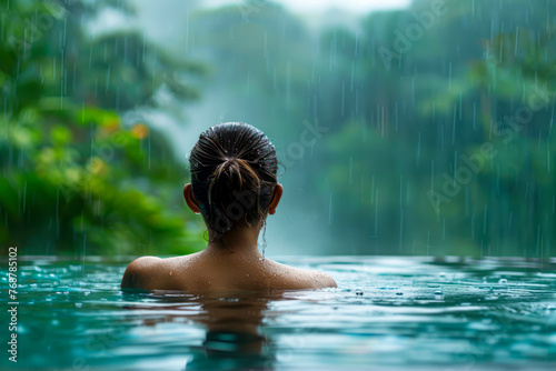 Tropical Bliss: Woman Delights in Warm Rain at Infinity Pool with Jungle View