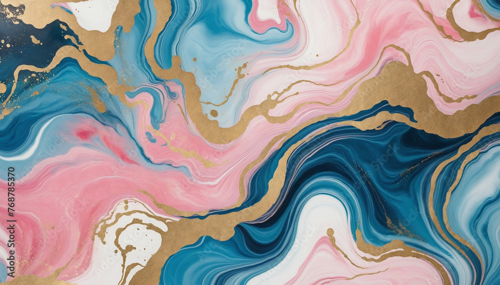 Abstract blue and pink marble texture with gold splashes, blue luxury background, Natural luxury abstract fluid art watercolor in alcohol ink technique,   colorful background