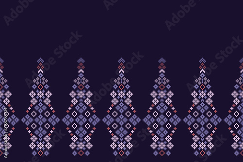 Traditional ethnic motifs ikat geometric fabric pattern cross stitch.Ikat embroidery Ethnic oriental Pixel violet purple background. Abstract,vector,illustration. Texture,scarf,decoration,wallpaper.