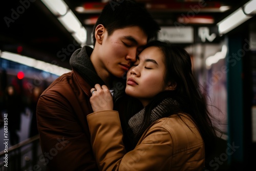 couple holding each other, eyes closed, in station