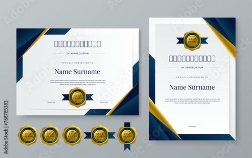 Blue white and gold vector award certificate template fancy modern abstract for corporate. For appreciation, achievement, awards, education, competition, diploma template