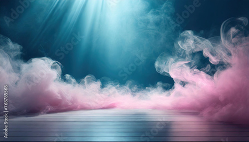 light blue backdrop with swirling white smoke and gentle pink hues, evoking tranquility and mystery