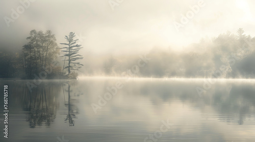 A serene and mystical image depicting a foggy lakeside scene with trees half-hidden in the mist, reflecting on the calm water