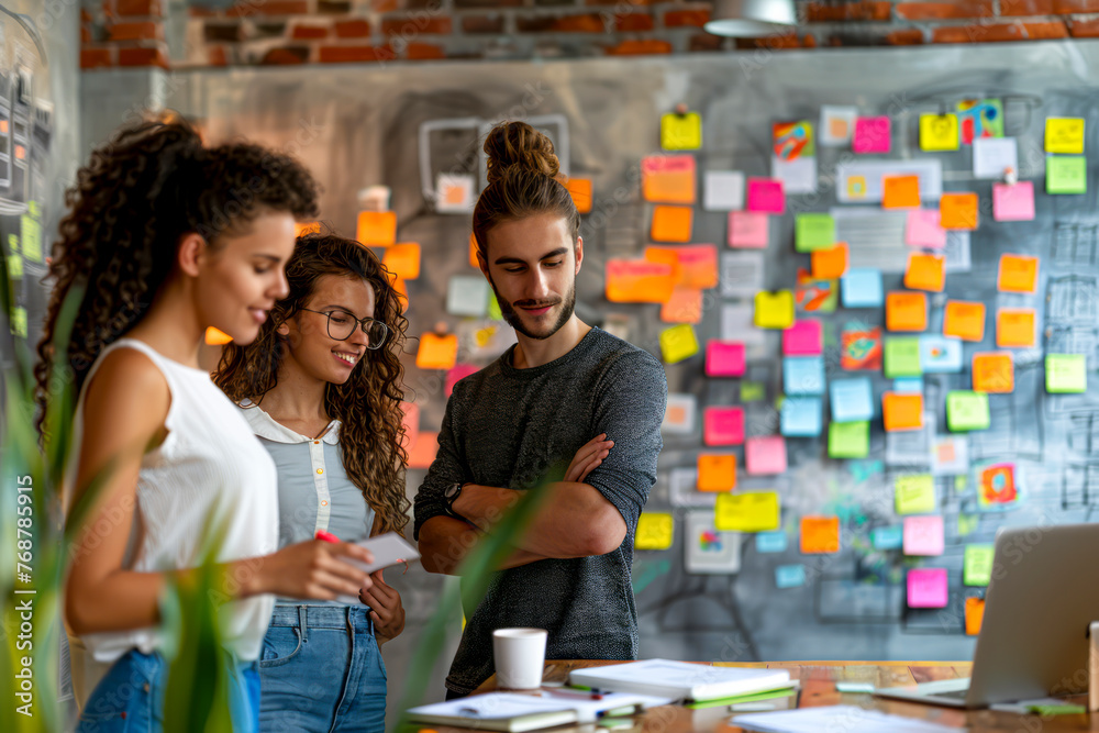 Obraz premium Dynamic Team of Creative Marketing Minds Collaborating, Planning, and Innovating with Post-It Notes on Wall