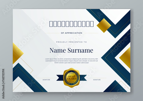 Blue gold and white vector modern luxury certificate corporate template design. For appreciation, achievement, awards, education, competition, diploma template