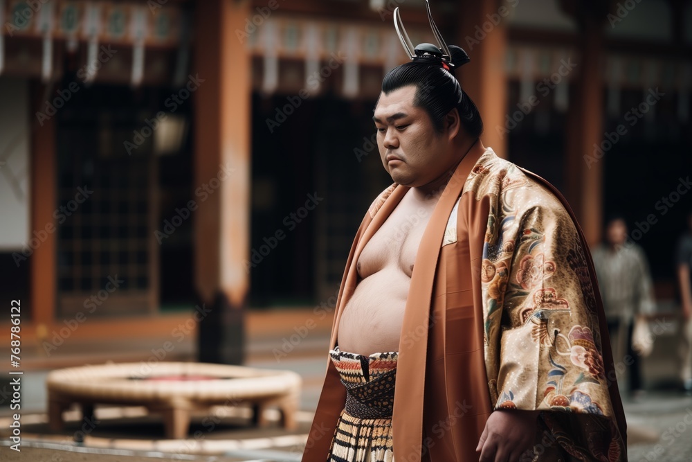 profile of a sumo wrestler in traditional dress, walking toward the ...