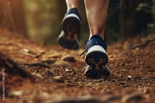 close-up of Fitness lifestyle, close-up of running shoes on a forest trail, action shot capturing movement and determination.