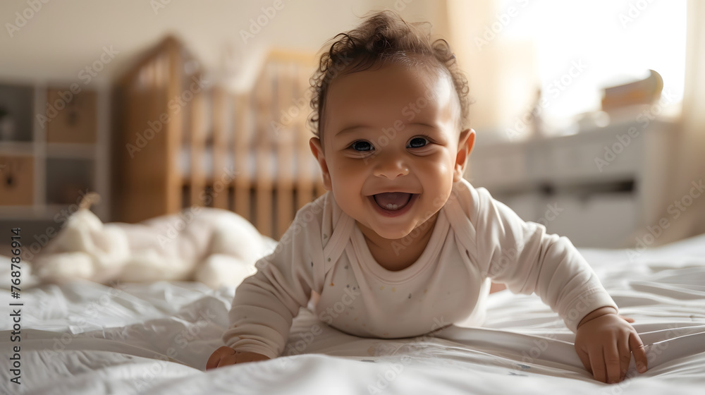 Newborn baby smiling in bed at home. Happy and healthy children. Ai Newborn baby smiling in bed at home. Happy and healthy children. Ai