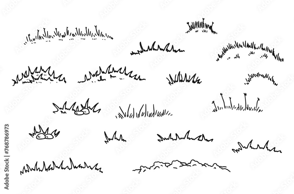 Grass scribble doodle field. Outline summer landscape. Hand drawn line meadow. Cartoon illustration isolated on white background