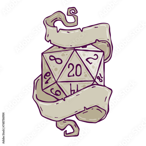 Dice d20 for playing tabletop game. Dungeon and dragons board game. Cartoon outline drawn illustration with copy space for text