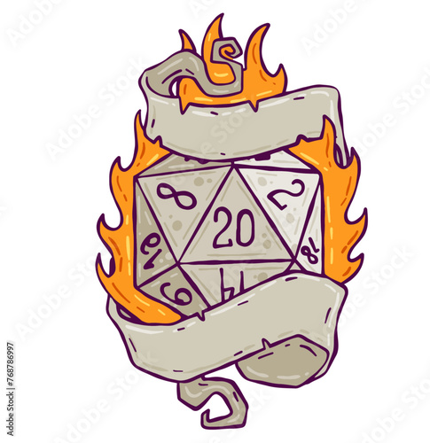 Dice d20 for playing Dnd. Dungeon and dragons board game. Cartoon outline drawn illustration with copy space for text