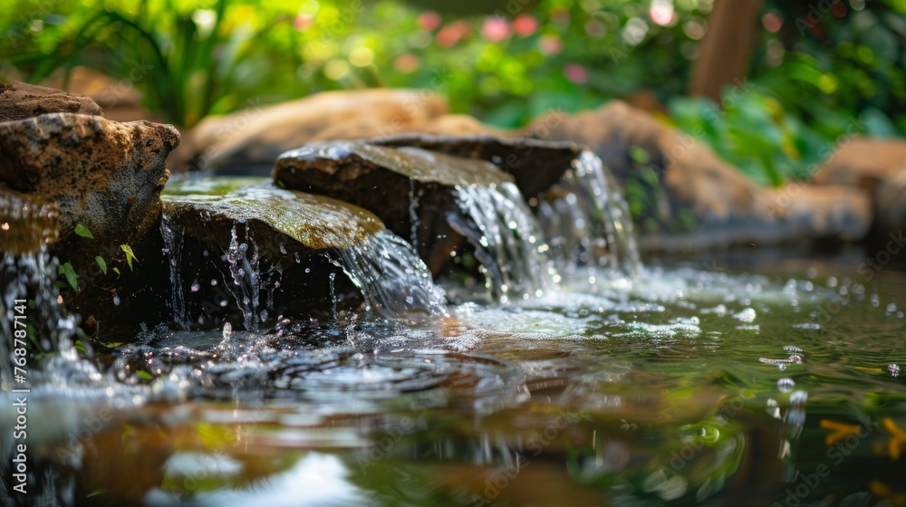 Fototapeta premium Close Up of Small Waterfall in Garden