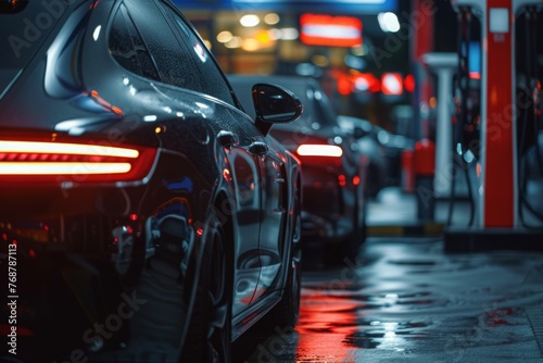 The man sat waiting patiently in his car at the gas station, ready to refuel 