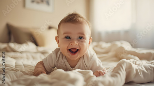 Newborn baby smiling in bed at home. Happy and healthy children. Ai
