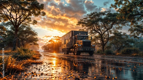 Truck on the road at sunset photo