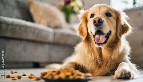 golden retriever watches eagerly as fluffy golden sits for training, emphasizing reward-based obedience photo