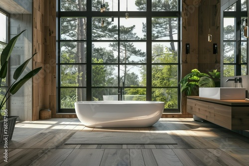 A large modern bathroom with large windows, high ceilings, standing modern bathtub, wood texture, plants, modern transitional. © Suwanlee