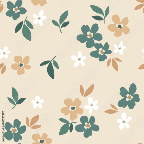 Seamless floral pattern, liberty ditsy print, simple nature decor. Cute botanical design: small hand drawn pretty flowers, tiny leaves, mini bouquets on a light beige background. Vector illustration.
