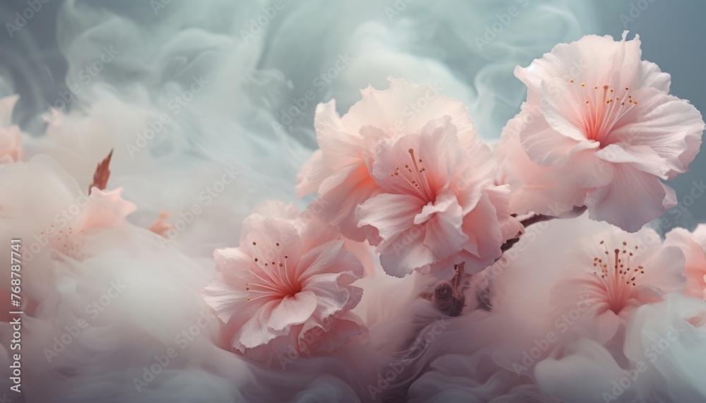 Enchanting beauty of an abstract background, as pastel pink flowers undergo a mesmerizing transformation into wisps of swirling smoke, evoking a sense of mystery and wonder.