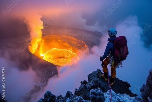climber reaching summit with glowing volcanic crater in background