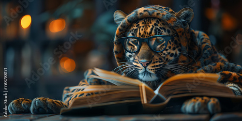Intelligent Jaguar Engrossed in a Book with Glasses Banner: A Study in Wild Focus